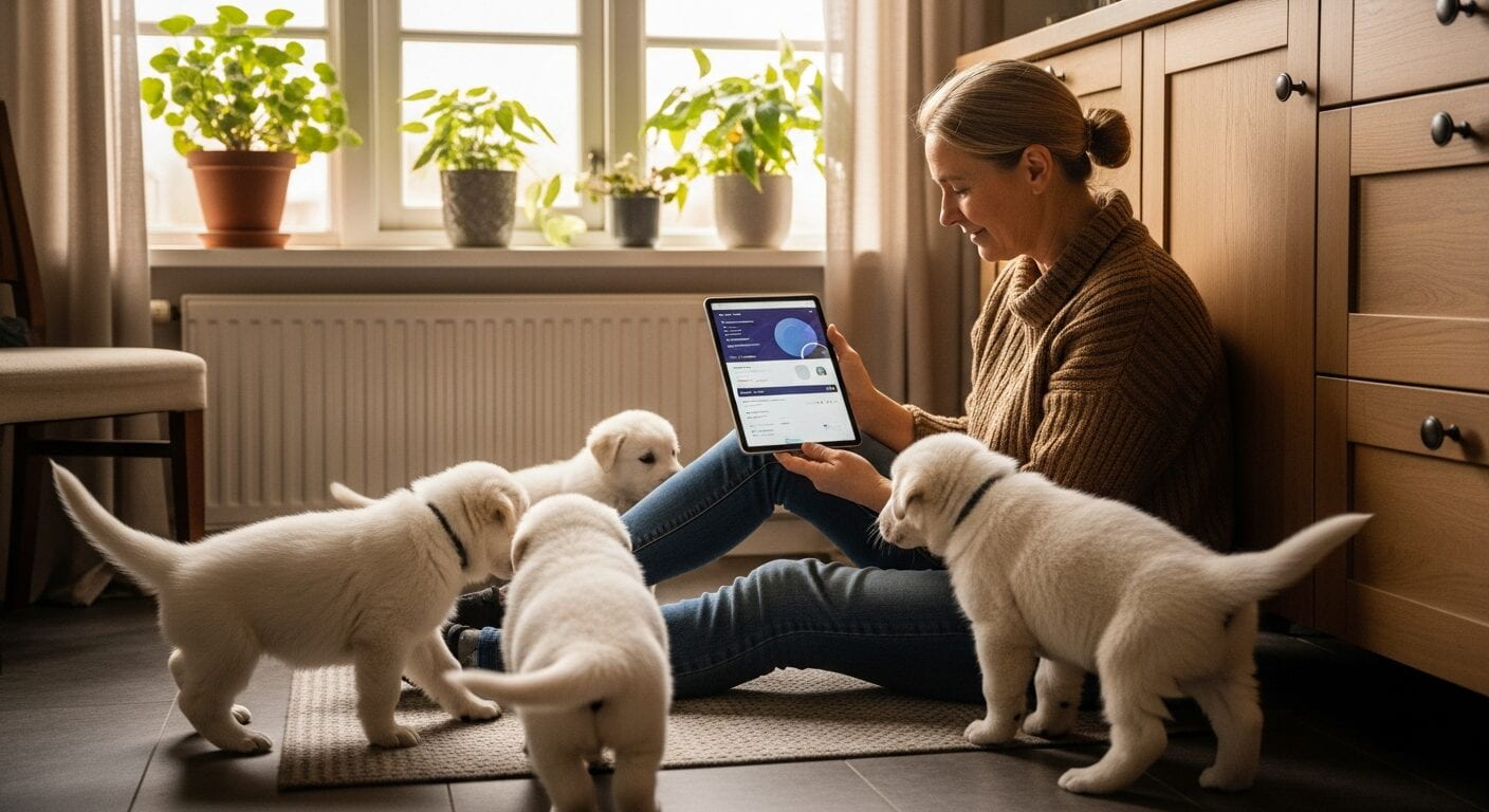 Breeder managing a litter on a tablet